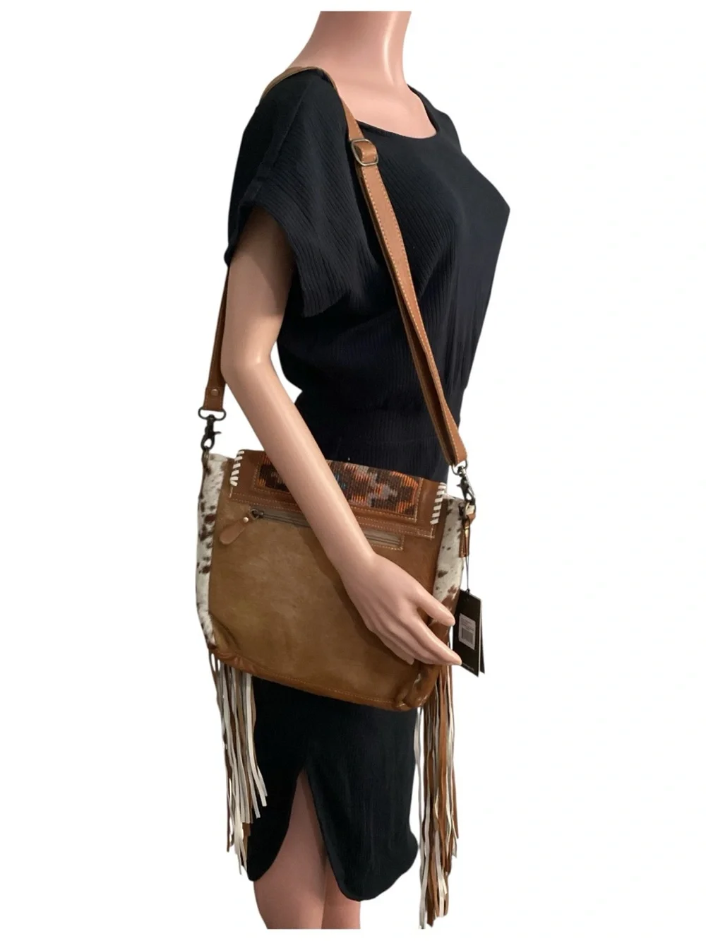 Myra Bag Boho Chic Style Leather & Hairon Bag Fringed Aztec Weaved Upcycled